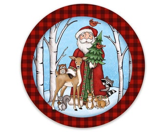 Red and Black Plaid Santa with Forest Animals Sign For Christmas Wreaths - Choose Your Size Circle Wreath Attachment