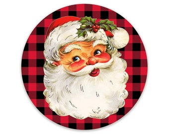Buffalo Plaid Black and Red Vintage Santa Sign for Christmas Wreaths - Choose Your Size Circle Shaped Christmas Wreath Sign