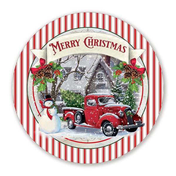 Merry Christmas Red Truck With Red and White Ticking Stripes Christmas Wreath Sign - Choose Your Size Round Christmas Wreath Attachment