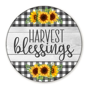 Harvest Blessings Black and White Plaid Sunflower Wreath Sign Autumn Wreath Attachment Round Sign Fall Decor image 1