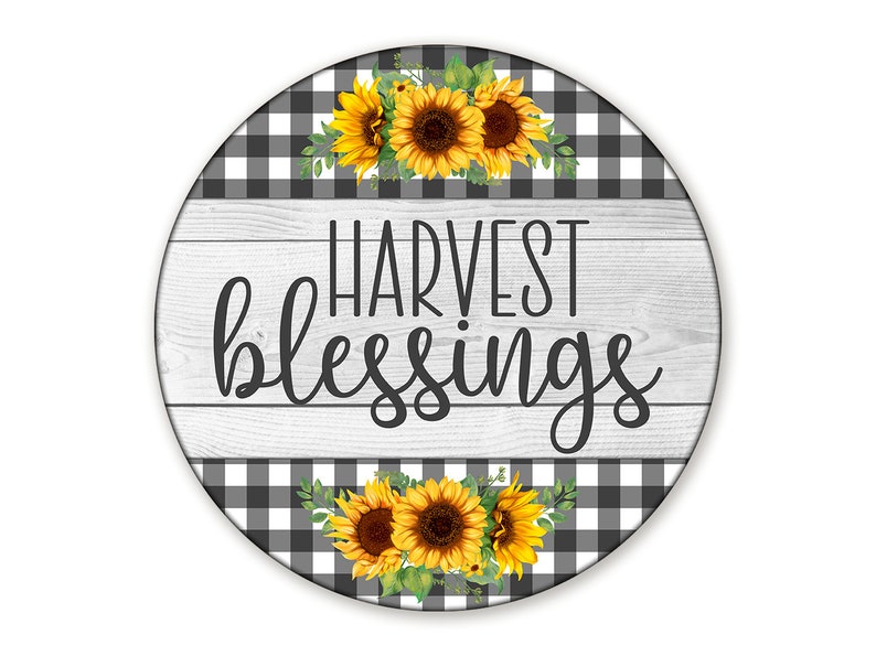 Harvest Blessings Black and White Plaid Sunflower Wreath Sign Autumn Wreath Attachment Round Sign Fall Decor image 1