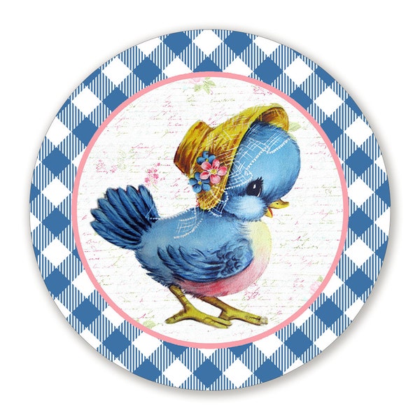 Retro Blue Bird Blue and White Gingham Easter Wreath Sign - Choose Your Size Circle Wreath Attachment