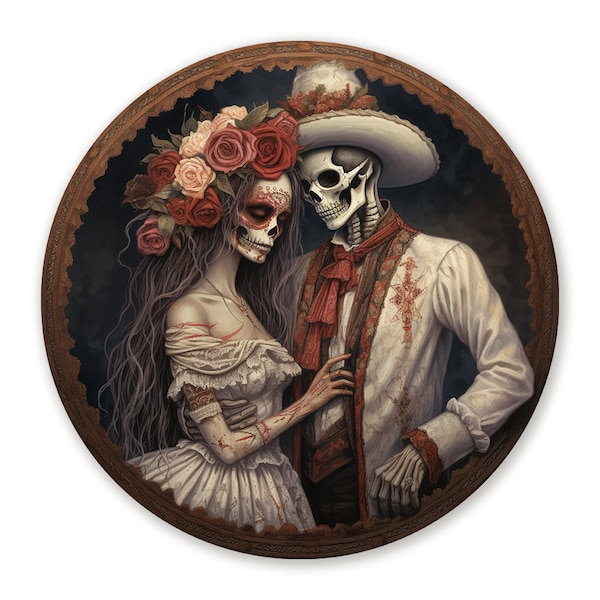 Dia De Los Muertos Wreath Sign, Skeleton Couple Wreath Attachment, Signs for Halloween Wreaths, Day of The Dead Sugar Skull Decor