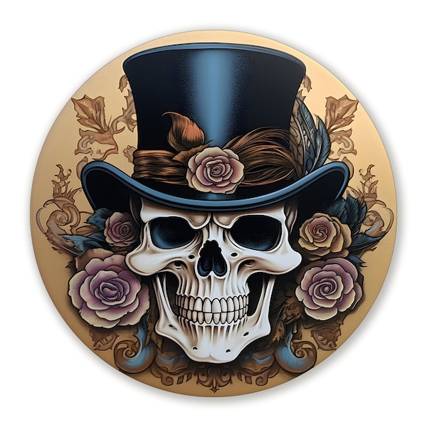 Top Hat Skull Wreath Sign, Gold Skeleton Wreath Attachment, Signs for Halloween Wreaths, Día de Muertos Decoration