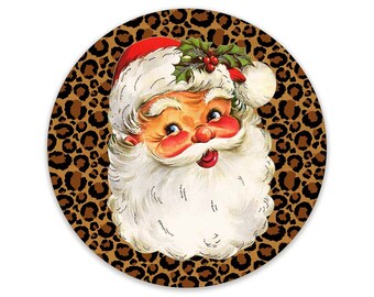 Leopard Print Retro Santa Wreath Sign - Choose Your Size Circle Shaped Christmas Wreath Sign