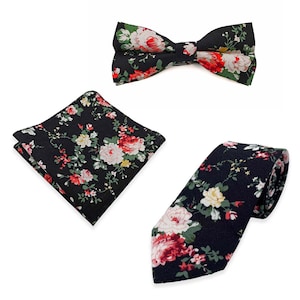 Black Floral Cotton Tie - Slim Tie - Wedding Tie, Christmas Gift, Fathers Day Gift, Birthday Gift- Valentine&#39;s Day Gift