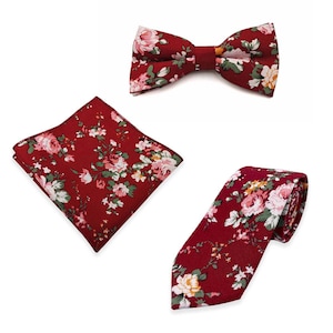 Red Floral Cotton Tie - Slim Tie - Wedding Tie, Christmas Gift, Fathers Day Gift, Birthday Gift- Valentine&#39;s Day Gift