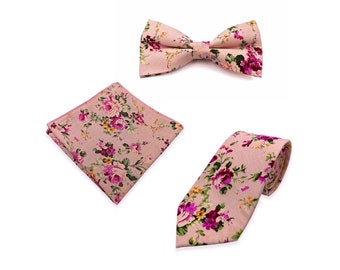 Pink Floral Cotton Tie - Slim Tie - Wedding Tie, Christmas Gift, Fathers Day Gift, Birthday Gift- Valentine&#39;s Day Gift