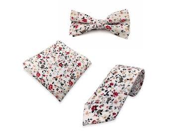 White Floral Cotton Tie - Slim Tie - Wedding Tie, Christmas Gift, Fathers Day Gift, Birthday Gift- Valentine&#39;s Day Gift