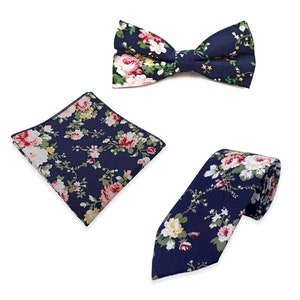 Navy Floral Cotton Tie - Slim Tie - Wedding Tie, Christmas Gift, Fathers Day Gift, Birthday Gift- Valentine&#39;s Day Gift