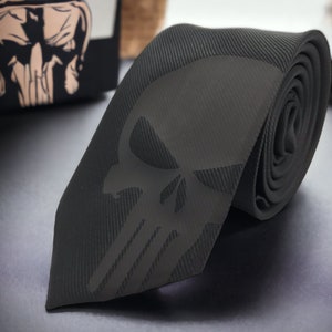 Punisher Silk Tie Black Edition - Slim Tie - Wedding Tie, Christmas Gift, Fathers Day Gift, Birthday Gift- Valentine&#39;s Day Gift