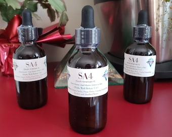 May include: Three glass bottles with dropper tops and labels that read "SA4 (South American 4)". The bottles are filled with a dark liquid and have a diamond-shaped logo on the label.