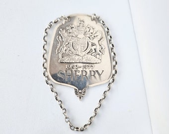 Vintage silver decanter label for sherry, Commemorative Queen Elizabeth II Jubilee. NR/880