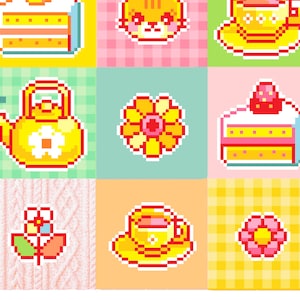 Puede incluir: Diez patrones de punto de cruz en miniatura con diseños de píxeles artísticos. Los diseños incluyen una tetera, un gato, un pastel, una flor y una taza de té.