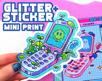 Glitter Flip phone smiley sticker & print