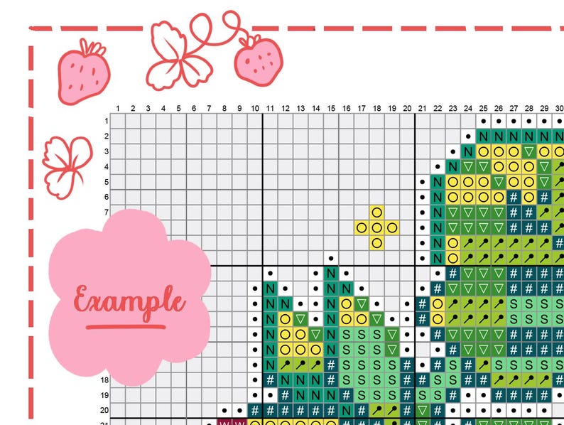May include: A cross-stitch pattern chart with a grid, featuring a strawberry design and the word "Example" in a pink bubble. The chart uses symbols and colors to guide the stitching process. Includes strawberry illustrations.