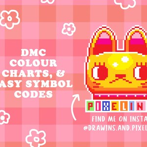 May include: A pink and red digital art graphic with a pixelated cat illustration. The image includes the text "DMC COLOUR CHARTS, & EASY SYMBOL CODES" and "PIXELINS". The Instagram handle @DRAWINS.AND.PIXELINS is also displayed.