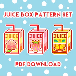 Puede incluir: Un conjunto de tres patrones de caja de jugo de arte de píxeles que presentan un melocotón, una fresa y una piña. Las cajas son rojas, rosadas y amarillas con la palabra "JUICE" impresa en cada una. El texto "JUICE BOX PATTERN SET" y "PDF DOWNLOAD" también se incluye en la imagen.