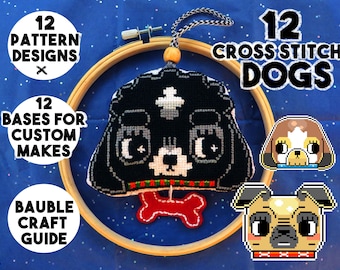 12 cross stitch dogs pattern set & bauble craft guide