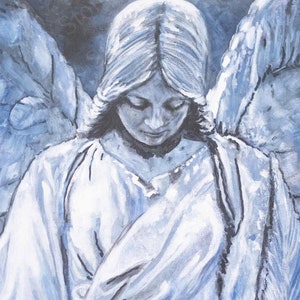 May include: A painting of an angel with wings, the angel is depicted with a white robe and blue wings, the angel is looking down with a sorrowful expression.