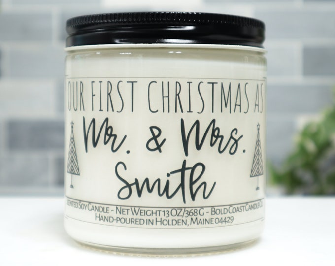 Our First Christmas As Mr and Mrs Customizable Soy Candle