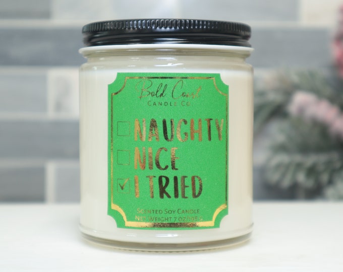 Naughty Nice I Tried Soy Candle, Funny Gift for Coworker, Holiday Christmas Gift Idea