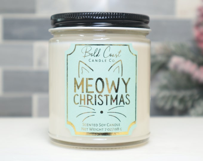 Meowy Christmas Soy Candle, Cat Lover Gift, Funny Christmas Candle, Holiday Decoration, Office Holiday Gift, Christmas Gift for Best Friend