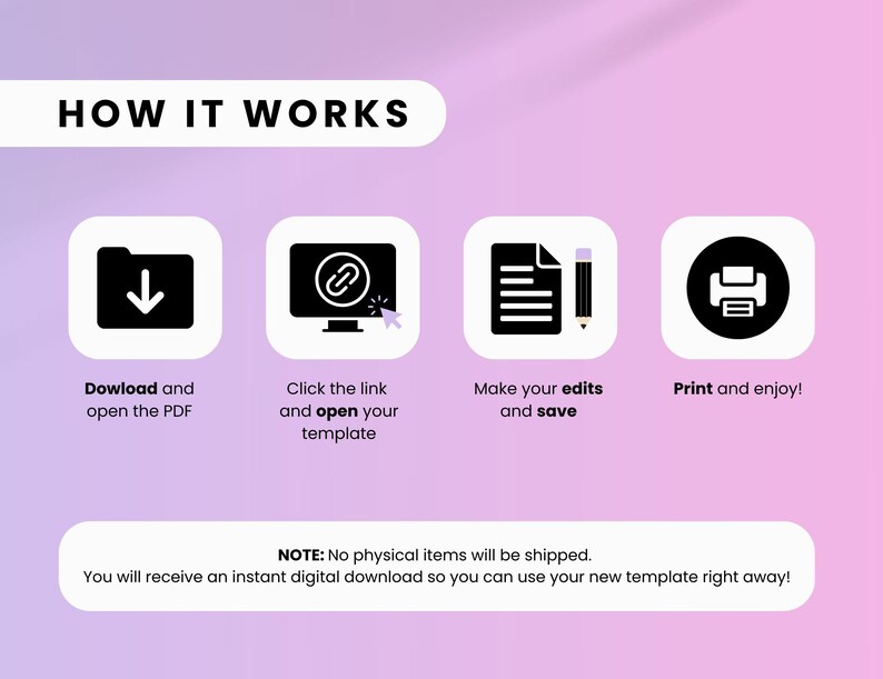 Puede incluir: C&oacute;mo descargar, editar e imprimir una plantilla digital. Cuatro iconos ilustran los pasos: descargar un PDF, hacer clic en un enlace para abrir la plantilla, realizar ediciones e imprimir. El texto "NOTA: No se enviar&aacute;n art&iacute;culos f&iacute;sicos. Recibir&aacute;s una descarga digital instant&aacute;nea para que puedas usar tu nueva plantilla de inmediato!" est&aacute; en la parte inferior de la imagen.