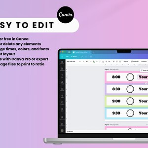 Puede incluir: Una captura de pantalla de una plantilla de dise&ntilde;o de Canva para un horario diario. La plantilla presenta cuatro bloques coloridos con las horas 8:00, 8:30, 9:00 y 9:30. Cada bloque tiene un icono de reloj y el texto "Your Text".