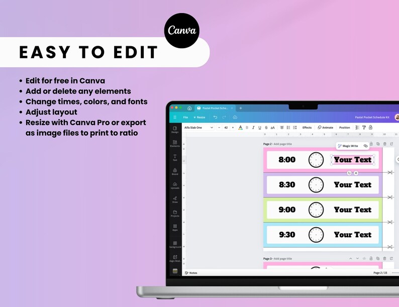 Puede incluir: Una captura de pantalla de una plantilla de dise&ntilde;o de Canva para un horario diario. La plantilla presenta cuatro bloques coloridos con las horas 8:00, 8:30, 9:00 y 9:30. Cada bloque tiene un icono de reloj y el texto "Your Text".