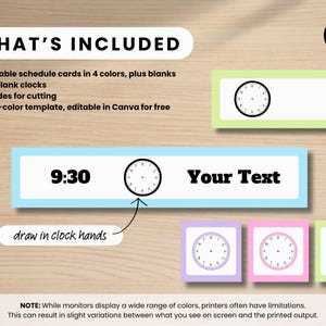 Puede incluir: Plantillas de reloj imprimibles para uso en el aula. La imagen muestra un conjunto de caras de reloj en blanco con un ejemplo de cara de reloj que muestra las 9:30. El texto "draw in clock hands" est&aacute; incluido. El texto "Your Text" est&aacute; incluido en un fondo azul.