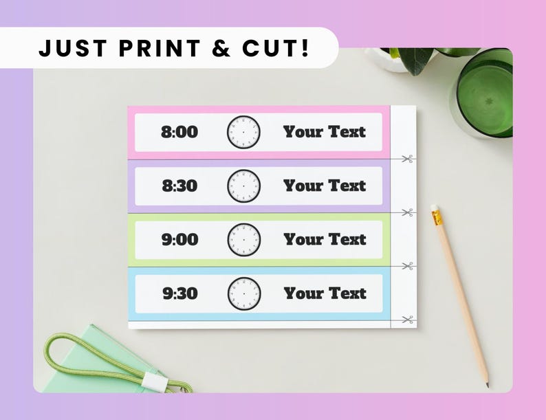 Puede incluir: Etiquetas de tiempo imprimibles con iconos de reloj y espacio para texto. Las etiquetas son de color rosa, morado, verde y azul. El texto en las etiquetas dice "8:00", "8:30", "9:00" y "9:30".