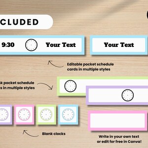 Puede incluir: Un conjunto de tarjetas de horario de bolsillo imprimibles con relojes en blanco y cuadros de texto editables. Las tarjetas son de varios colores, incluidos azul, verde, morado y rosa. El texto "Your Text" se muestra en dos de las tarjetas. El texto "9:30" se muestra en una de las tarjetas. El texto "Blank pocket schedule cards in multiple styles" se muestra debajo de las tarjetas. El texto "Editable pocket schedule cards in multiple styles" se muestra encima de las tarjetas. El texto "Blank clocks" se muestra debajo de las tarjetas. El texto "Write in your own text or edit for free in Canva!" se muestra debajo de las tarjetas. El texto "Canva" se muestra en la esquina superior derecha de la imagen.