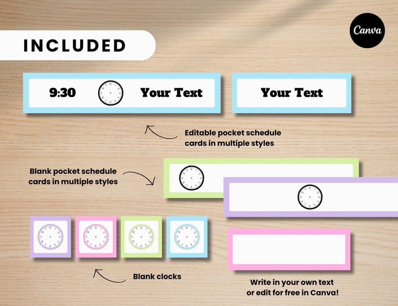 Puede incluir: Un conjunto de tarjetas de horario de bolsillo imprimibles con relojes en blanco y cuadros de texto editables. Las tarjetas son de varios colores, incluidos azul, verde, morado y rosa. El texto "Your Text" se muestra en dos de las tarjetas. El texto "9:30" se muestra en una de las tarjetas. El texto "Blank pocket schedule cards in multiple styles" se muestra debajo de las tarjetas. El texto "Editable pocket schedule cards in multiple styles" se muestra encima de las tarjetas. El texto "Blank clocks" se muestra debajo de las tarjetas. El texto "Write in your own text or edit for free in Canva!" se muestra debajo de las tarjetas. El texto "Canva" se muestra en la esquina superior derecha de la imagen.