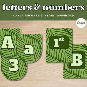 May include: Green and white printable letters and numbers on a leaf pattern background. The image includes the letters A, a, and B, the number 3, and the text "1st". The words "letters & numbers" are at the top.