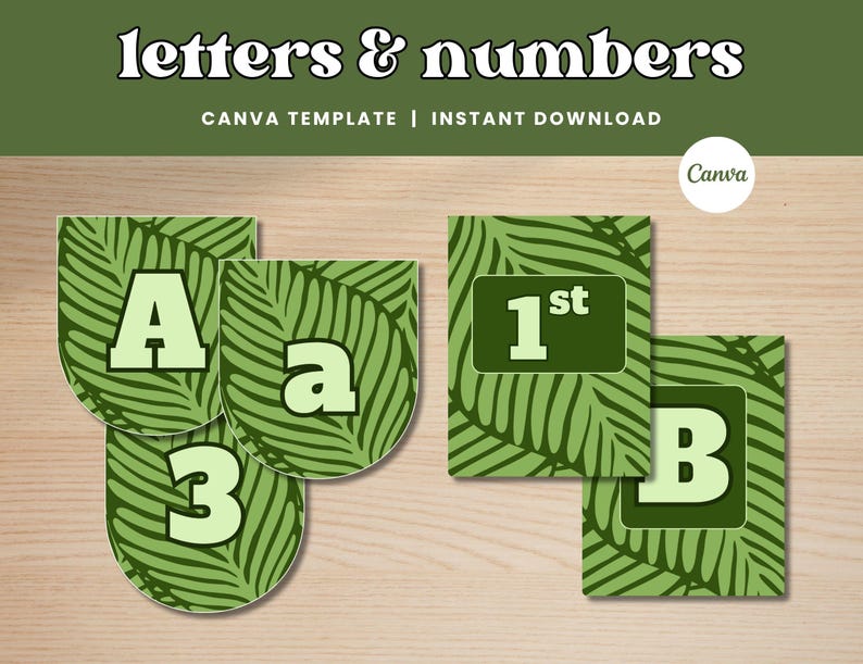 May include: Green and white printable letters and numbers on a leaf pattern background. The image includes the letters A, a, and B, the number 3, and the text "1st". The words "letters & numbers" are at the top.