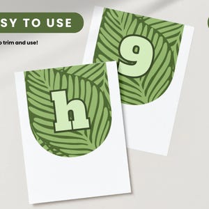May include: Two white cards with green leaf patterns and light green letters. One card has the letter "h" and the other has the number "9". The text "EASY TO USE" and "Easy to trim and use!" is also visible.
