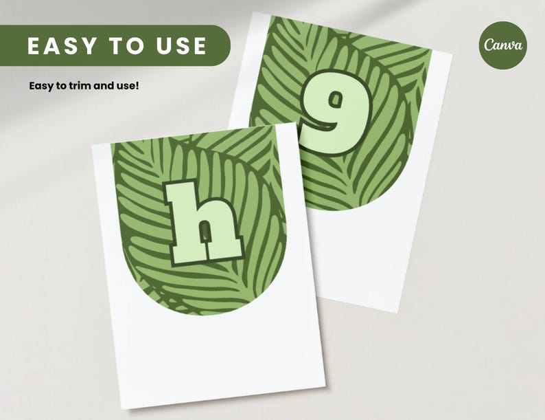 May include: Two white cards with green leaf patterns and light green letters. One card has the letter "h" and the other has the number "9". The text "EASY TO USE" and "Easy to trim and use!" is also visible.