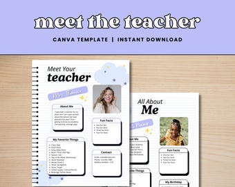 Plantilla para el aula de Meet the Teacher, presentación para el maestro en Canva imprimible, cuaderno y tema Starts Descarga instantánea