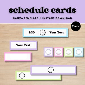 Puede incluir: Un conjunto de tarjetas de programaci&oacute;n imprimibles con un esquema de color pastel. Las tarjetas cuentan con un icono de reloj y un espacio para texto. El texto "schedule cards" se muestra en una fuente retro en la parte superior de la imagen. El texto "Canva Template | Instant Download" se muestra debajo del t&iacute;tulo.