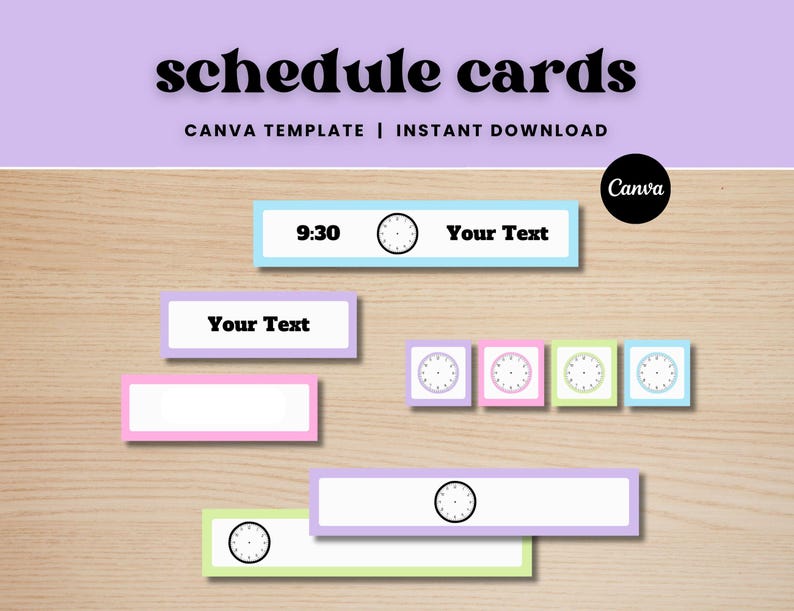 Puede incluir: Un conjunto de tarjetas de programaci&oacute;n imprimibles con un esquema de color pastel. Las tarjetas cuentan con un icono de reloj y un espacio para texto. El texto "schedule cards" se muestra en una fuente retro en la parte superior de la imagen. El texto "Canva Template | Instant Download" se muestra debajo del t&iacute;tulo.