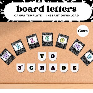 May include: A corkboard with the words "Welcome to 3rd Grade" spelled out in colorful letters. Each letter is a black and white notebook with a colorful letter inside. The letters are arranged in an arc shape.