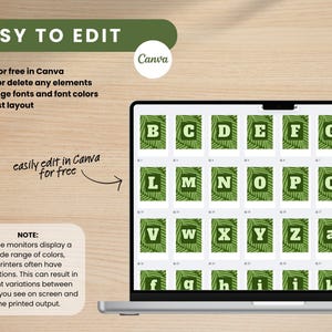 May include: A laptop screen displays a collection of alphabet letters, each set against a green leaf background. The words "EASY TO EDIT" and "Canva" are visible. Additional text explains editing options and a note about color variations.