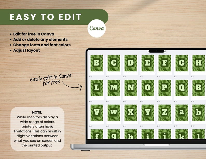 May include: A laptop screen displays a collection of alphabet letters, each set against a green leaf background. The words "EASY TO EDIT" and "Canva" are visible. Additional text explains editing options and a note about color variations.