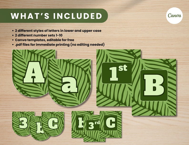 May include: A collection of green and white printable banner letters and numbers. The letters A, a, B, and C are displayed, along with the numbers 1, 3, and 1st. The banner pieces have a leaf pattern. The text "WHAT'S INCLUDED" is at the top.