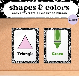 Puede incluir: Dos tarjetas de memoria imprimibles con bordes de papel de cuaderno en blanco y negro. La primera tarjeta muestra un triángulo rosa con la palabra "Triángulo" debajo. La segunda tarjeta muestra un crayón verde con la palabra "Verde" debajo.