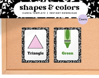 Shapes and Colors Classroom Printable, Composition Book Theme (Canva Template)