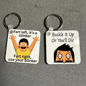 Bob’s Burgers keychains, bob and gene Belcher key chains, square 2 inch funny quotes keychains