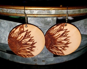 Real Leather Sunflower Earrings Laser engraved Veg tan