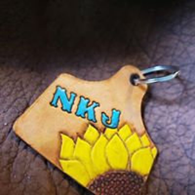 Custom Sunflower Leather Ear Tag Key Chain